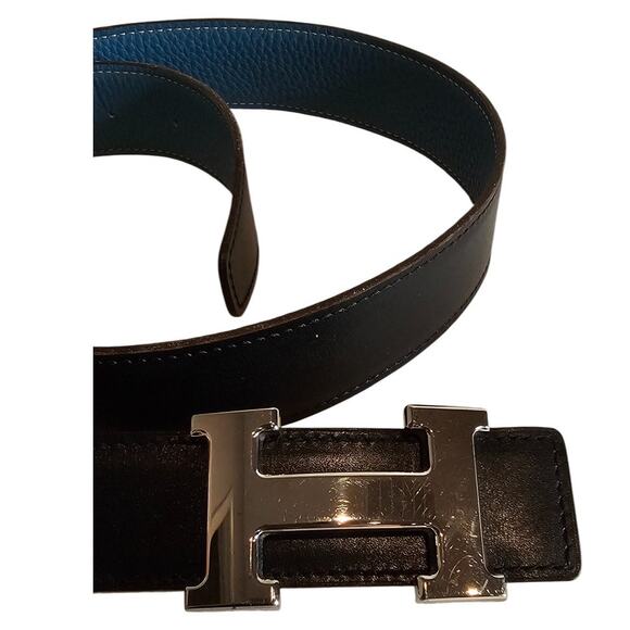 Hermès H-belt reversible black and blue jean Togo box calf leather strap - Picture 5 of 12